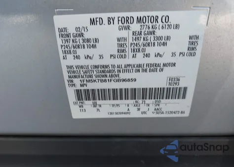 2015 Ford Explorer из США, поврежденный, VIN 1FM5K7B81FGB96859